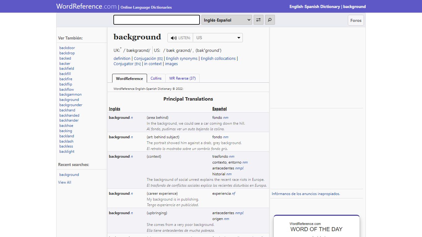background - English-Spanish Dictionary - WordReference.com